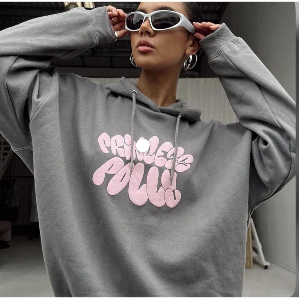 Princess Polly Hooded Sweater baggy Y2K hoodie Bubble Text Gray Size 6 A006844